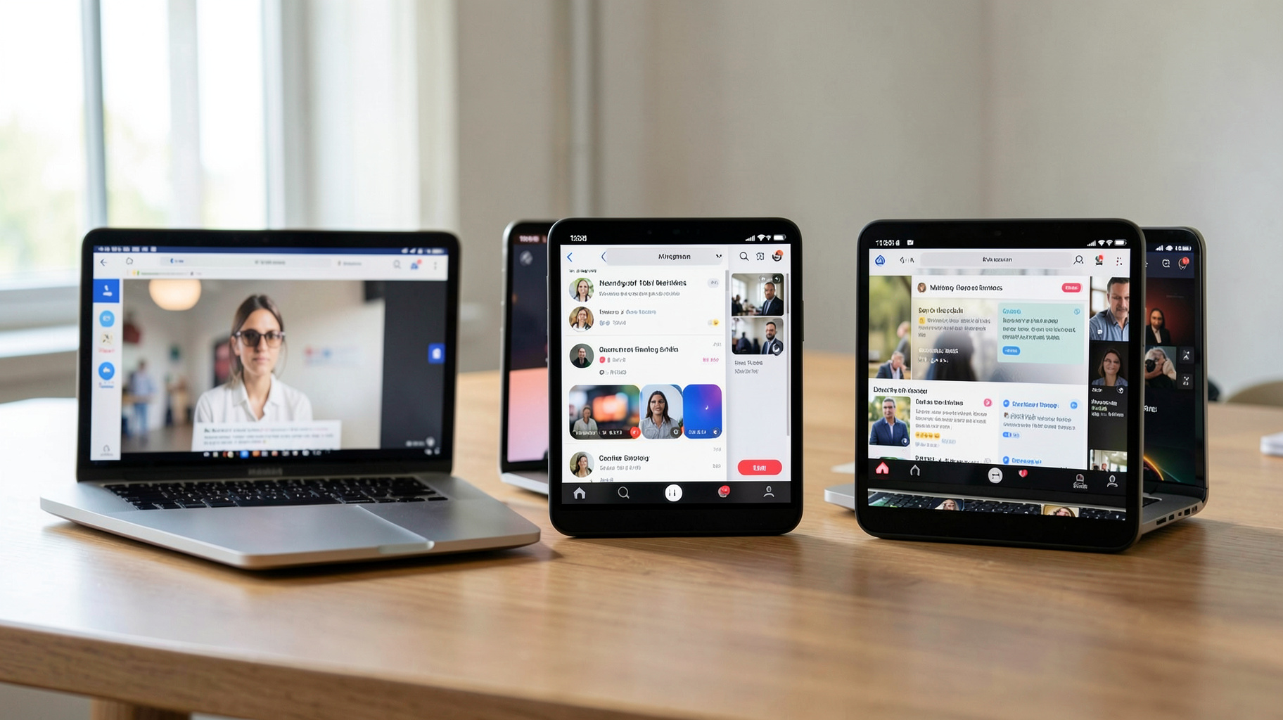 複数のノートパソコンとスマートフォンの画面を並べてオンラインサービスを比較する様子