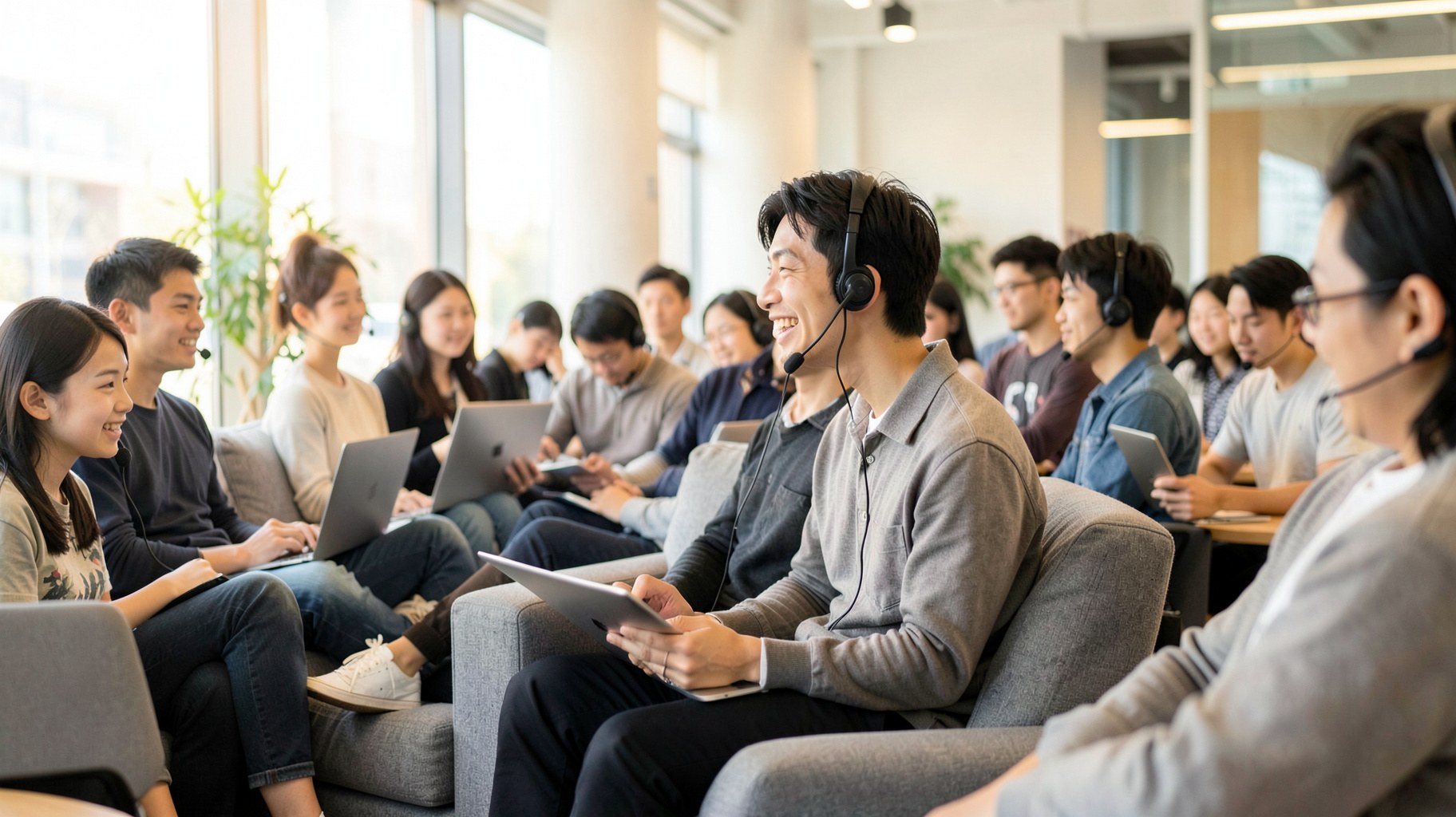 明るいラウンジでヘッドセットをつけ笑顔でオンライン英会話レッスンを受ける人々