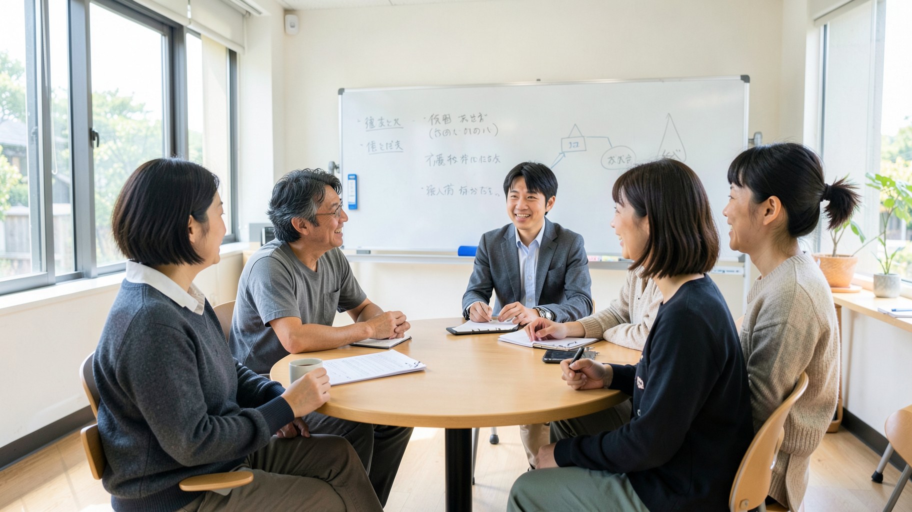 明るい教室で講師を囲んで着席する英会話スクールの受講者たち