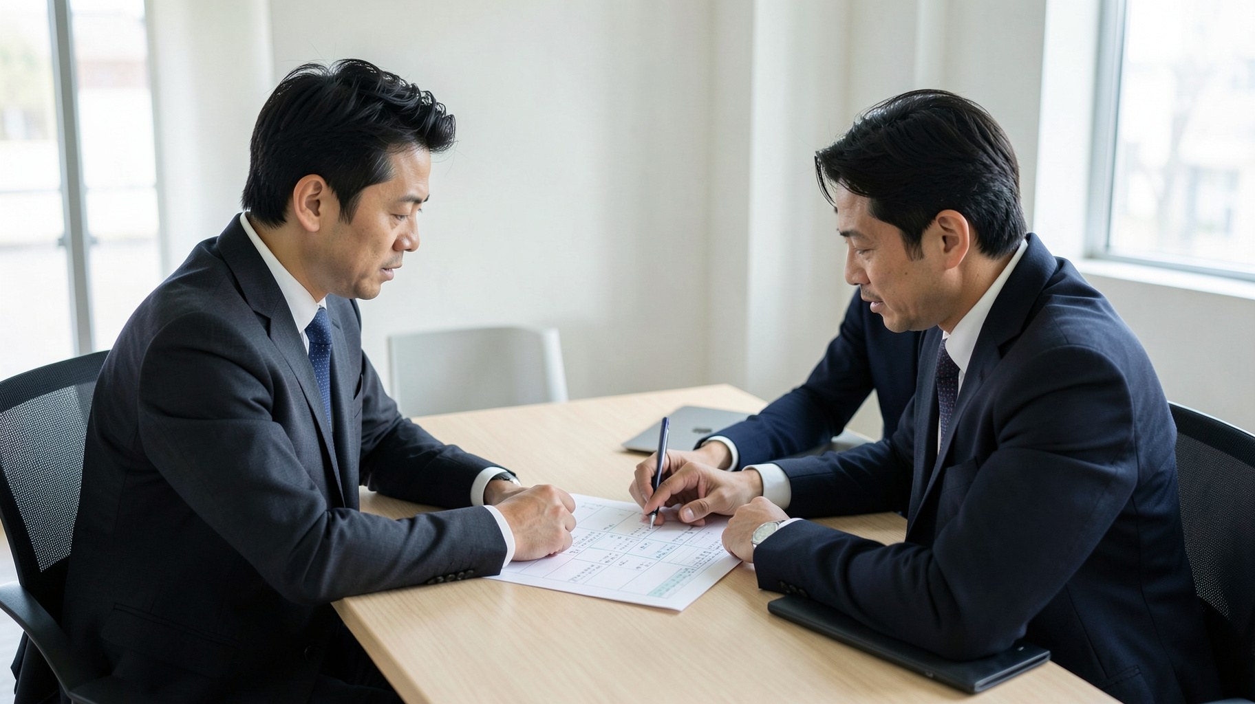 オフィスで学習計画表を確認しながら面談するコーチと受講者