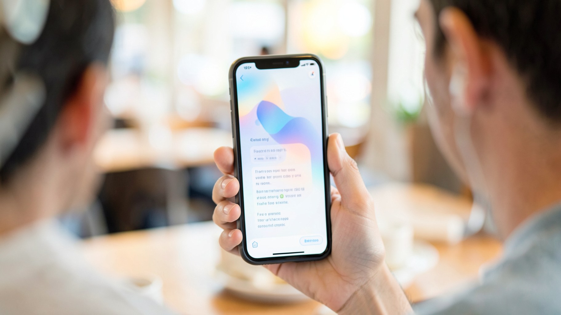 カフェでスマートフォンのアプリ画面を見ながら英語を学ぶ人の手元